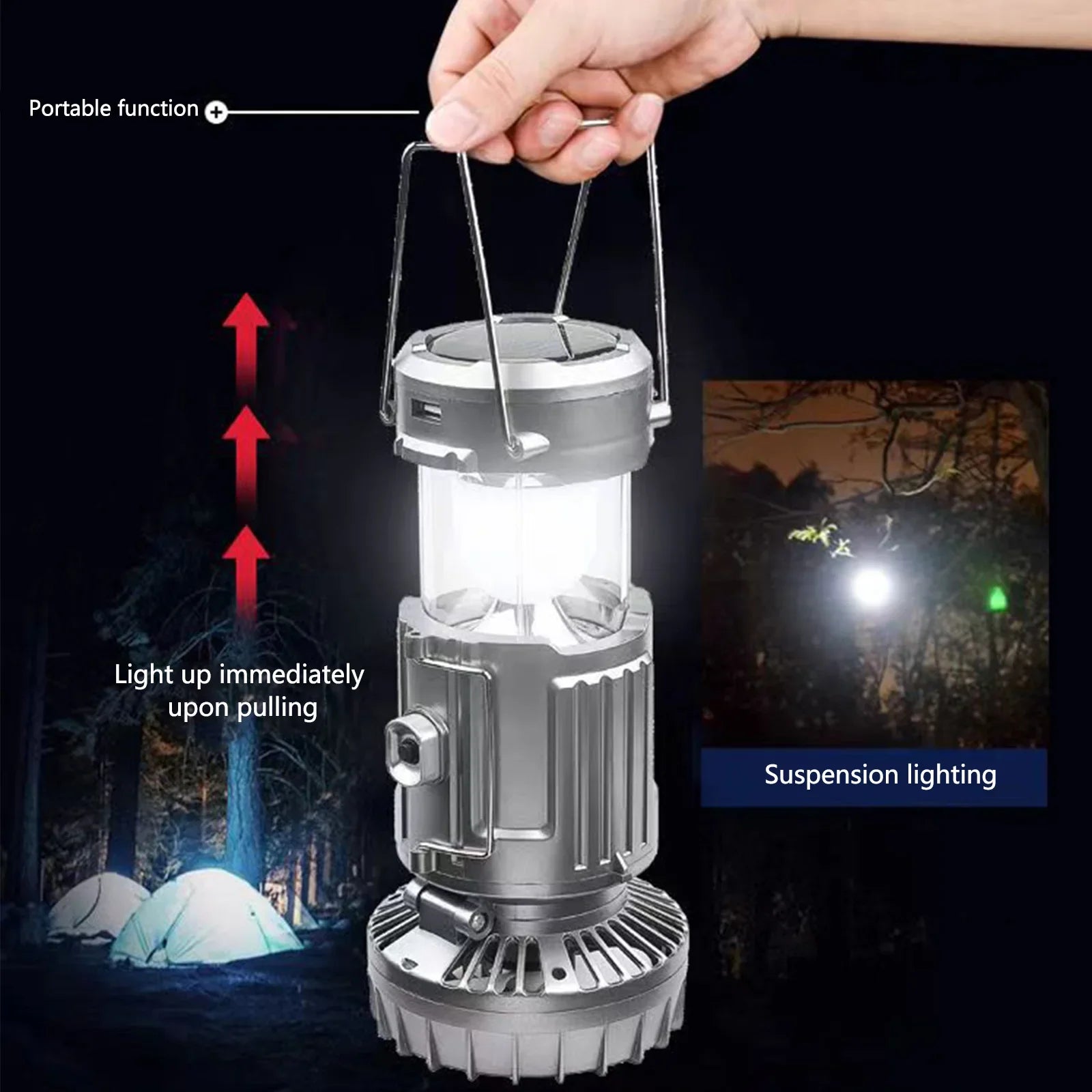 LED Lantern Fan Solar/Rechargeable/Battery Powered Foldable 1500Mah Hanging Tent Fan Light Power Bank with Hook for Emergency